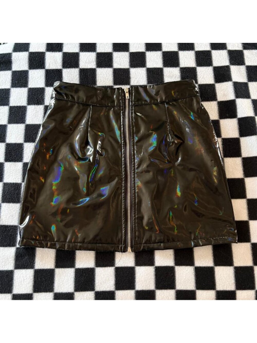 Black holographic zipped mini skirt